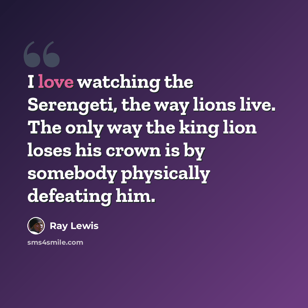 “I love watching the Serengeti, the way lions live. The only way the king lion loses his crown is by somebody physically defeating him.” quote by Ray Lewis