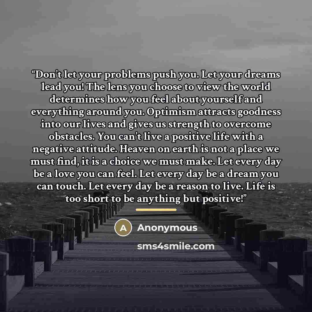 “Don’t let your problems push you. Let your dreams lead you! The lens you choose to view the world determines how you feel about yourself and everything around you. Optimism attracts goodness into our lives and gives us strength to overcome obstacles. You can’t live a positive life with a negative…” quote by Anonymous