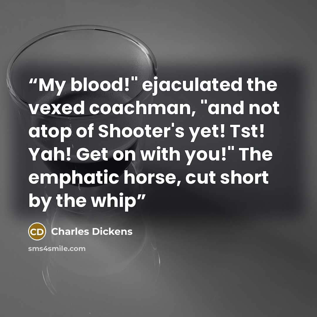 “My blood!" ejaculated the vexed coachman, "and not atop of Shooter's yet! Tst! Yah! Get on with you!" The emphatic horse, cut short by the whip” quote by Charles Dickens
