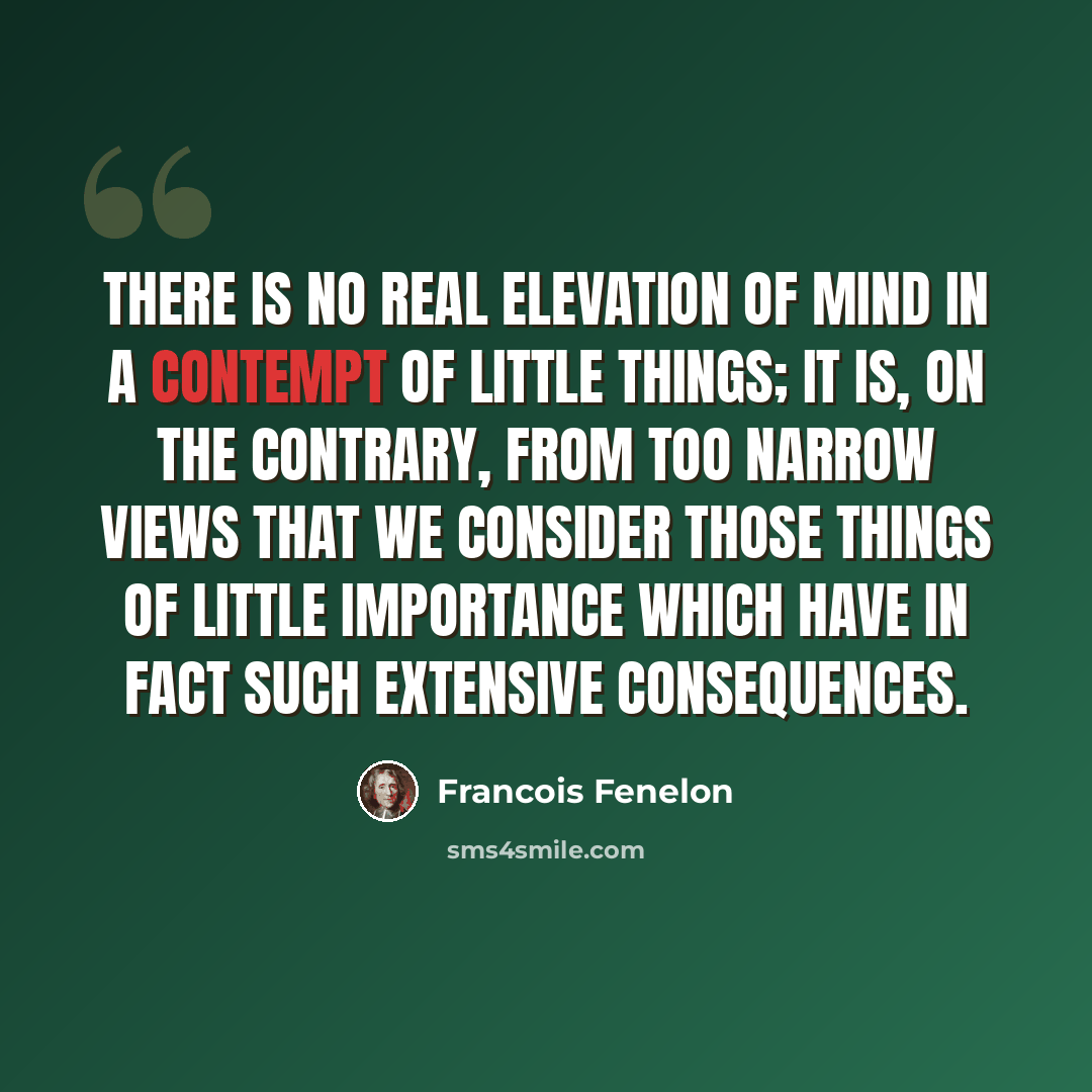 “There is no real elevation of mind in a contempt of little things; it is, on the contrary, from too narrow views that we consider those things of little importance which have in fact such extensive consequences.” quote by Francois Fenelon