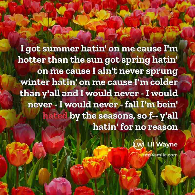 “I got summer hatin' on me cause I'm hotter than the sun got spring hatin' on me cause I ain't never sprung winter hatin' on me cause I'm colder than y'all and I would never - I would never - I would never - fall I'm bein' hated by the seasons, so f-- y'all hatin' for no reason” quote by Lil Wayne