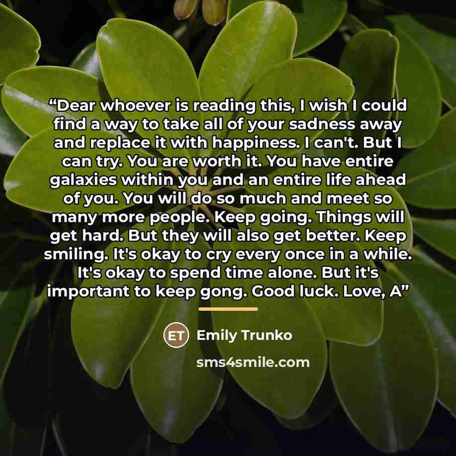 “Dear whoever is reading this, I wish I could find a way to take all of your sadness away and replace it with happiness. I can't. But I can try. You are worth it. You have entire galaxies within you and an entire life ahead of you. You will do so much and meet so many more people. Keep going…” quote by Emily Trunko