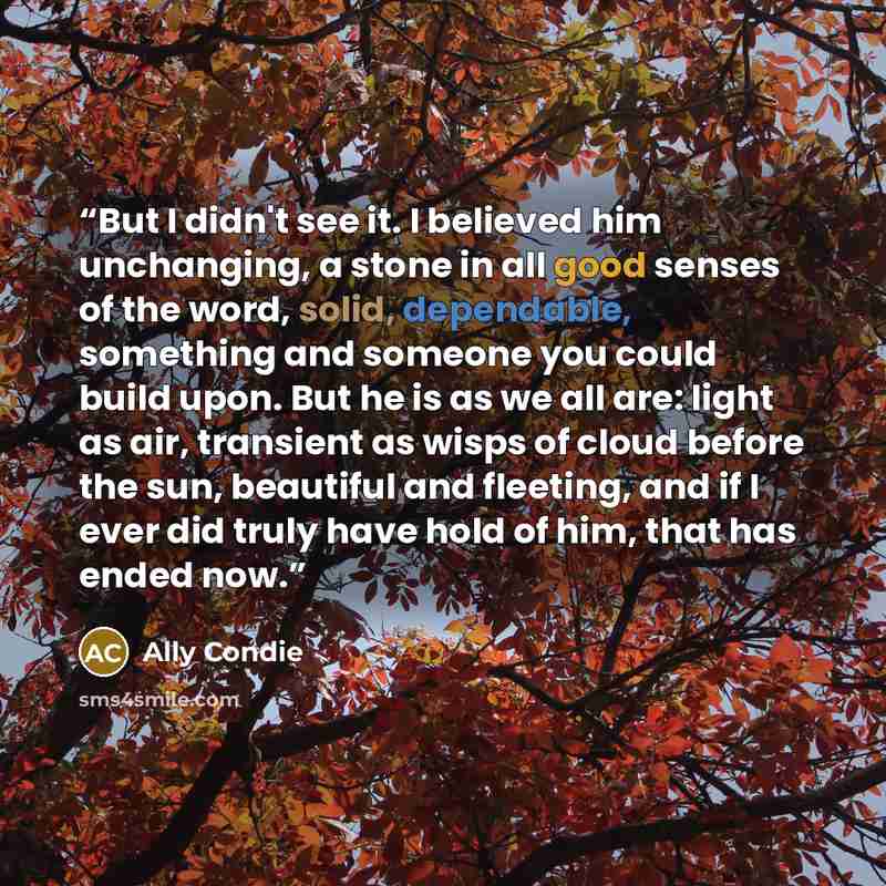 “But I didn't see it. I believed him unchanging, a stone in all good senses of the word, solid, dependable, something and someone you could build upon. But he is as we all are: light as air, transient as wisps of cloud before the sun, beautiful and fleeting, and if I ever did truly have hold of…” quote by Ally Condie