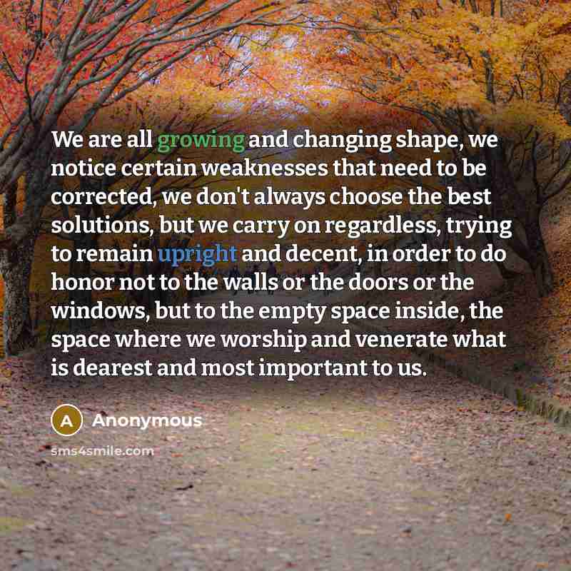 “We are all growing and changing shape, we notice certain weaknesses that need to be corrected, we don't always choose the best solutions, but we carry on regardless, trying to remain upright and decent, in order to do honor not to the walls or the doors or the windows, but to the empty space…” quote by Anonymous