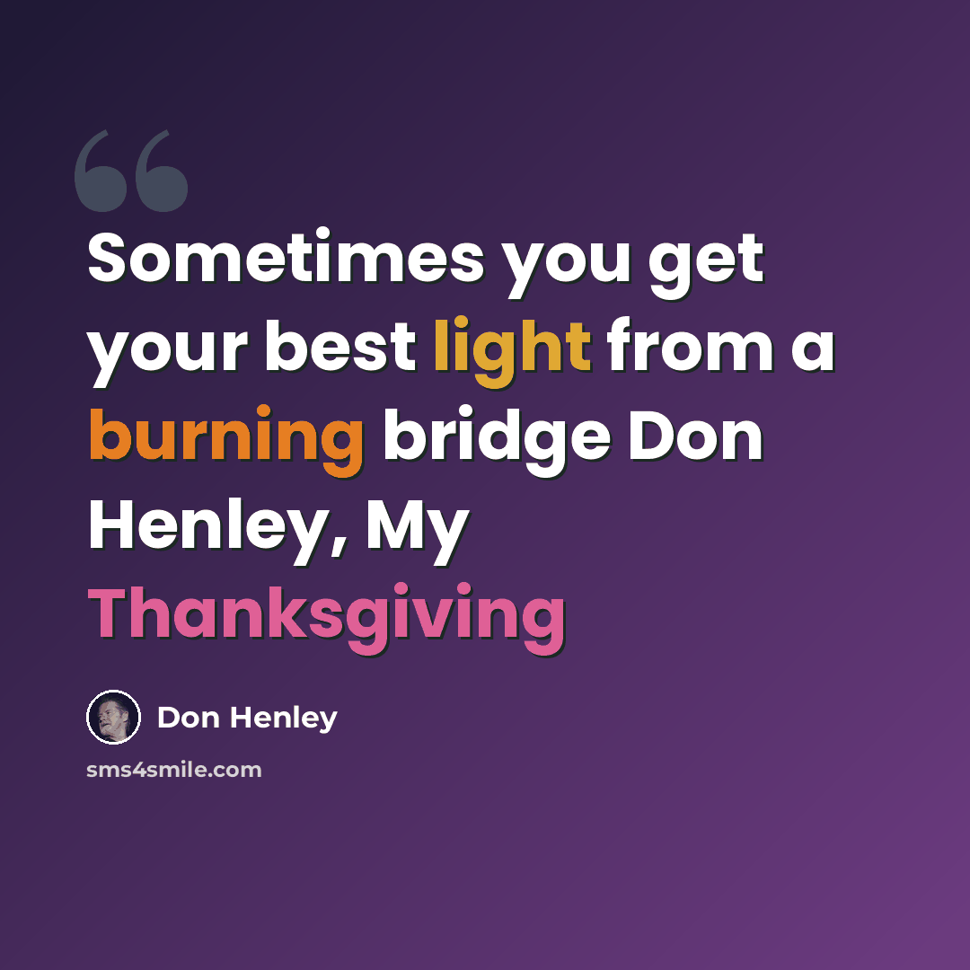“Sometimes you get your best light from a burning bridge Don Henley, My Thanksgiving” quote by Don Henley