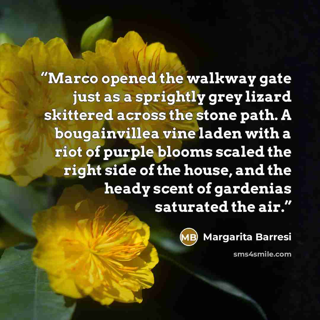 “Marco opened the walkway gate just as a sprightly grey lizard skittered across the stone path. A bougainvillea vine laden with a riot of purple blooms scaled the right side of the house, and the heady scent of gardenias saturated the air.” quote by Margarita Barresi