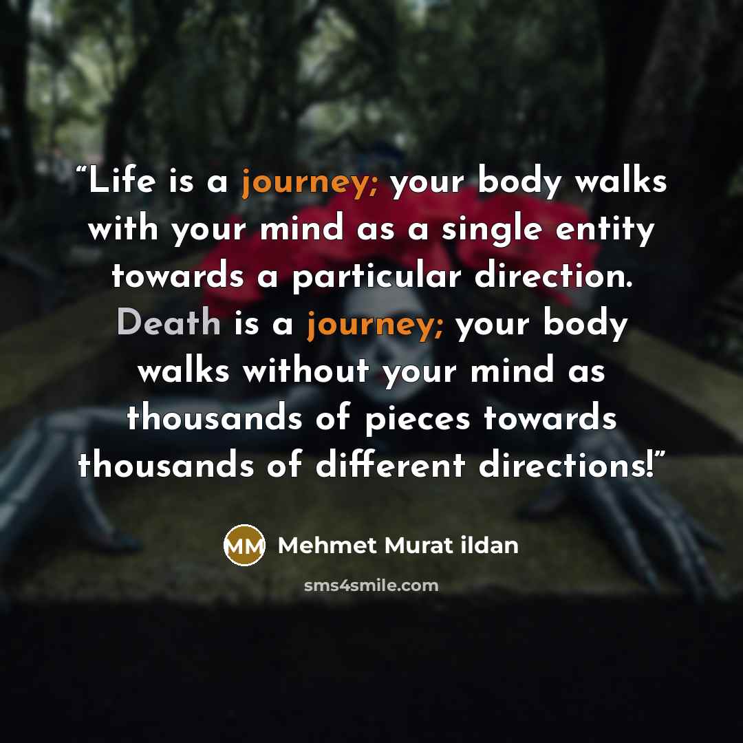 “Life is a journey; your body walks with your mind as a single entity towards a particular direction. Death is a journey; your body walks without your mind as thousands of pieces towards thousands of different directions!” quote by Mehmet Murat ildan