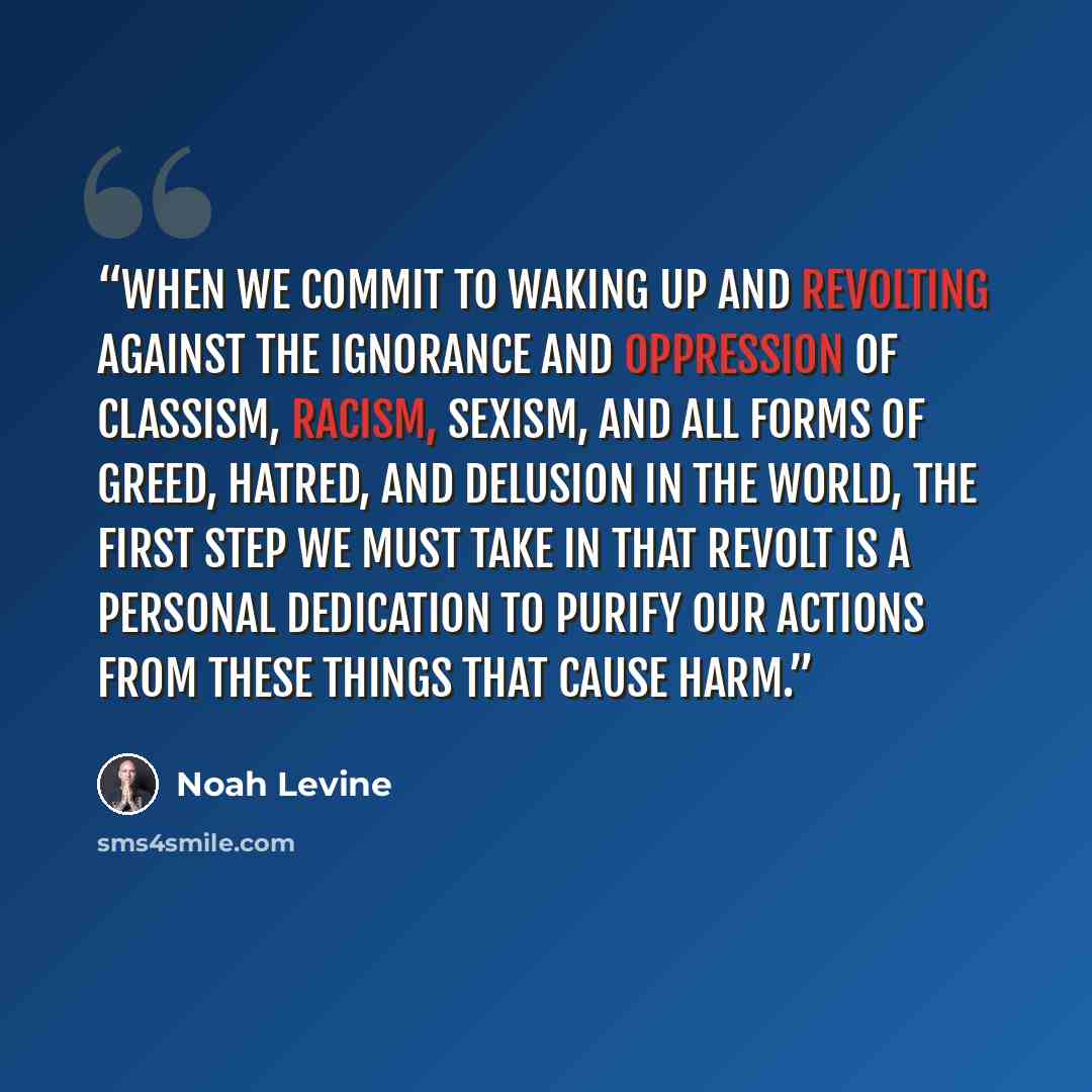 “When we commit to waking up and revolting against the ignorance and oppression of classism, racism, sexism, and all forms of greed, hatred, and delusion in the world, the first step we must take in that revolt is a personal dedication to purify our actions from these things that cause harm.” quote by Noah Levine