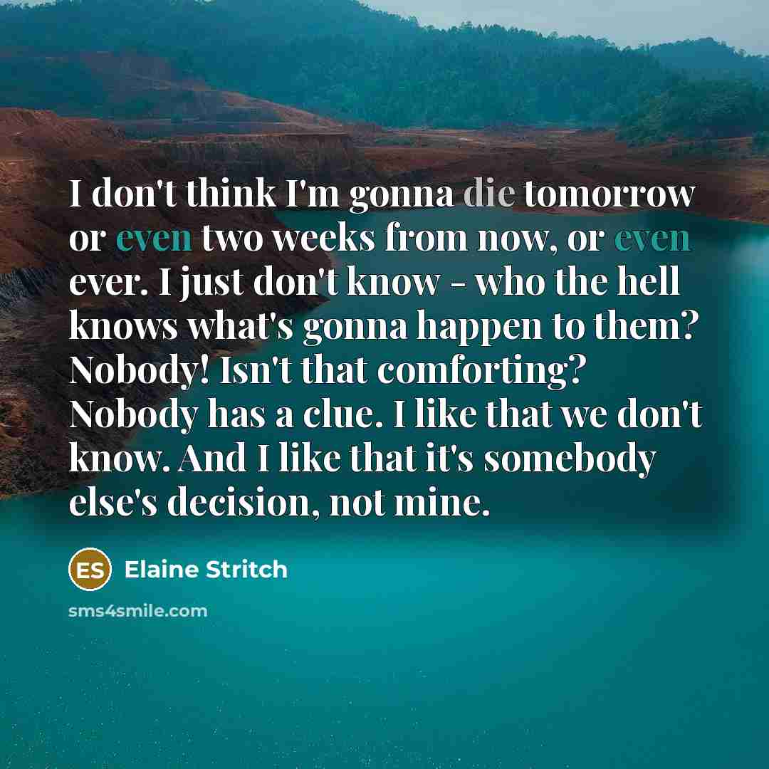 “I don't think I'm gonna die tomorrow or even two weeks from now, or even ever. I just don't know - who the hell knows what's gonna happen to them? Nobody! Isn't that comforting? Nobody has a clue. I like that we don't know. And I like that it's somebody else's decision, not mine.” quote by Elaine Stritch