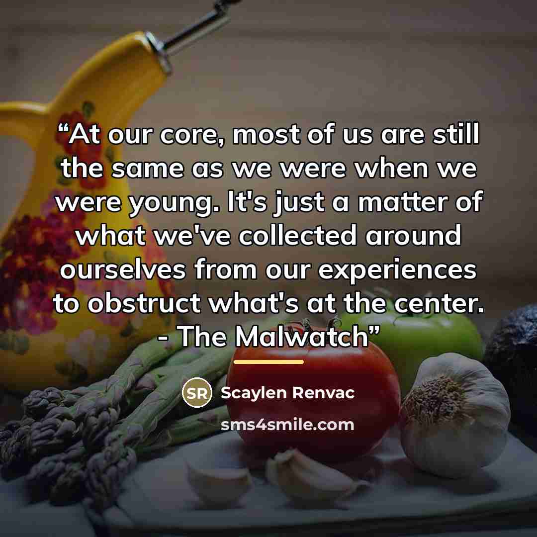 “At our core, most of us are still the same as we were when we were young. It's just a matter of what we've collected around ourselves from our experiences to obstruct what's at the center. - The Malwatch” quote by Scaylen Renvac
