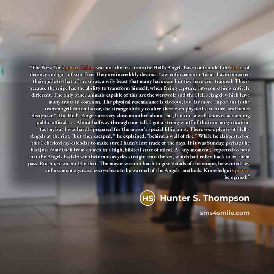 “The New York power failure was not the first time the Hell's Angels have confounded the forces of decency and got off scot-free. They are incredibly devious. Law enforcement officials have compared their guile to that of the snipe, a wily beast that many have seen but few have ever trapped. This…” quote by Hunter S. Thompson