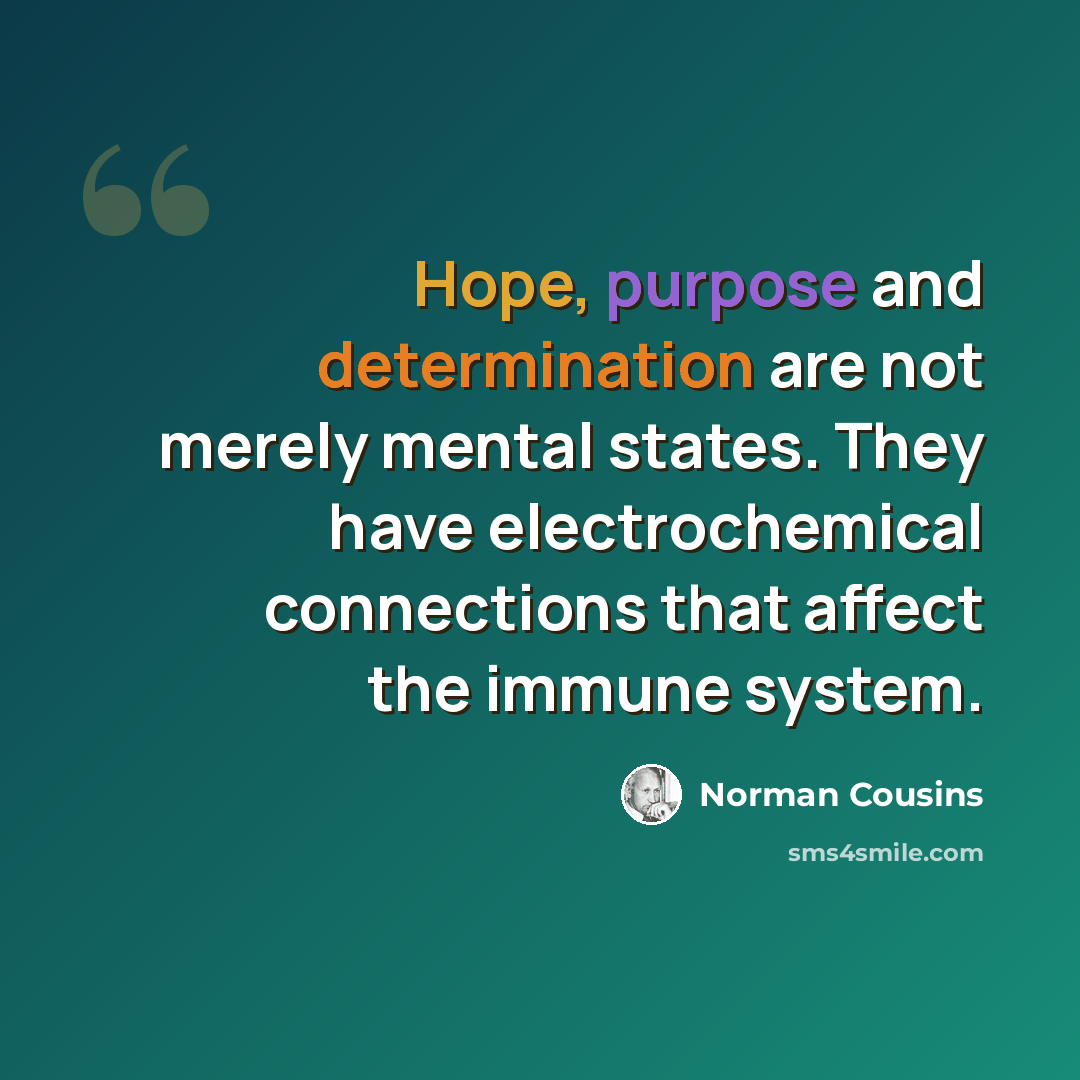 “Hope, purpose and determination are not merely mental states. They have electrochemical connections that affect the immune system.” quote by Norman Cousins
