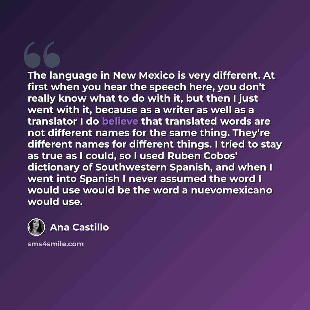 “The language in New Mexico is very different. At first when you hear the speech here, you don't really know what to do with it, but then I just went with it, because as a writer as well as a translator I do believe that translated words are not different names for the same thing. They're different…” quote by Ana Castillo