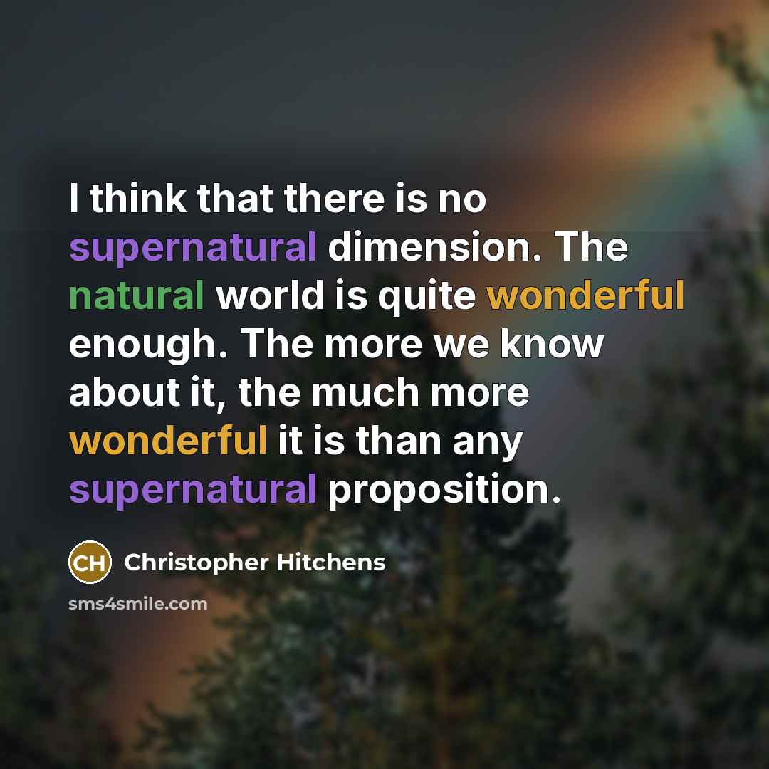 “I think that there is no supernatural dimension. The natural world is quite wonderful enough. The more we know about it, the much more wonderful it is than any supernatural proposition.” quote by Christopher Hitchens