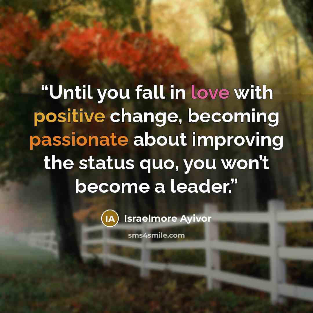“Until you fall in love with positive change, becoming passionate about improving the status quo, you won’t become a leader.” quote by Israelmore Ayivor