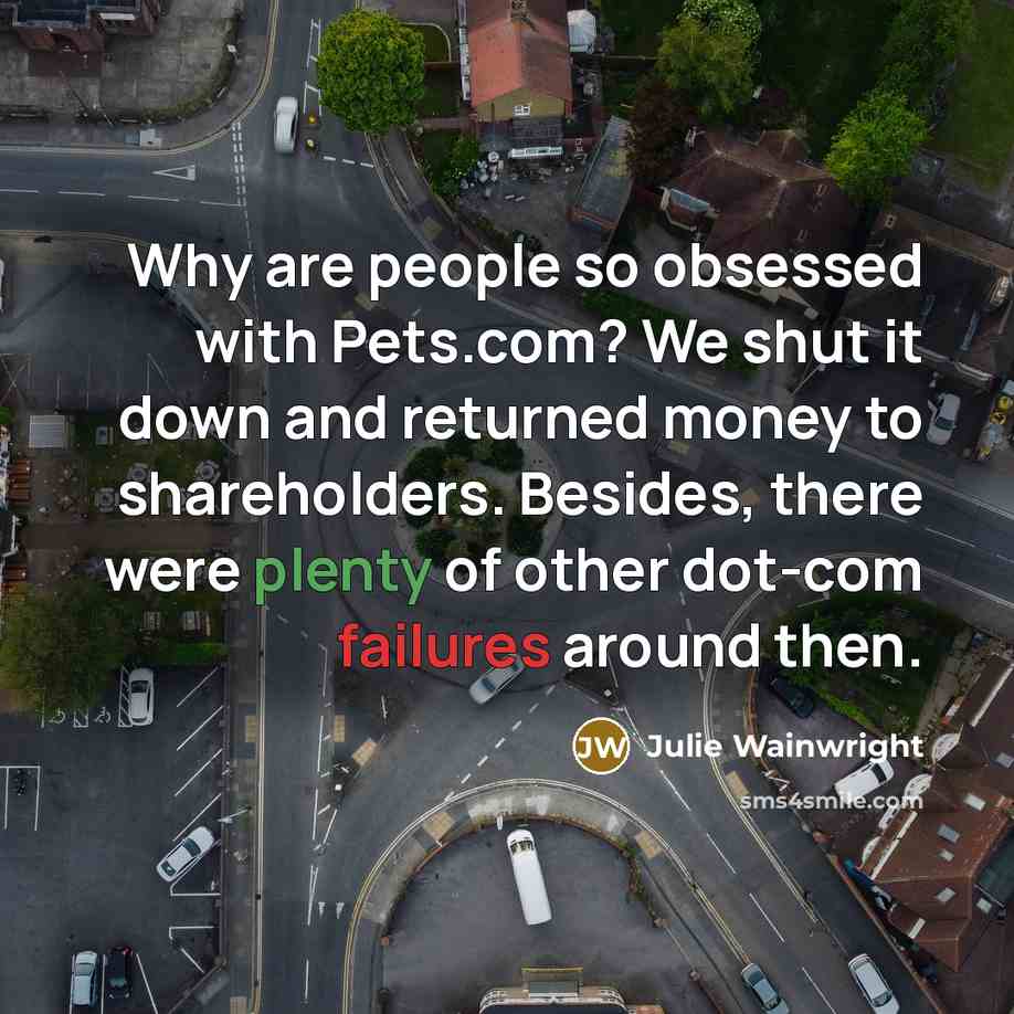 “Why are people so obsessed with Pets.com? We shut it down and returned money to shareholders. Besides, there were plenty of other dot-com failures around then.” quote by Julie Wainwright