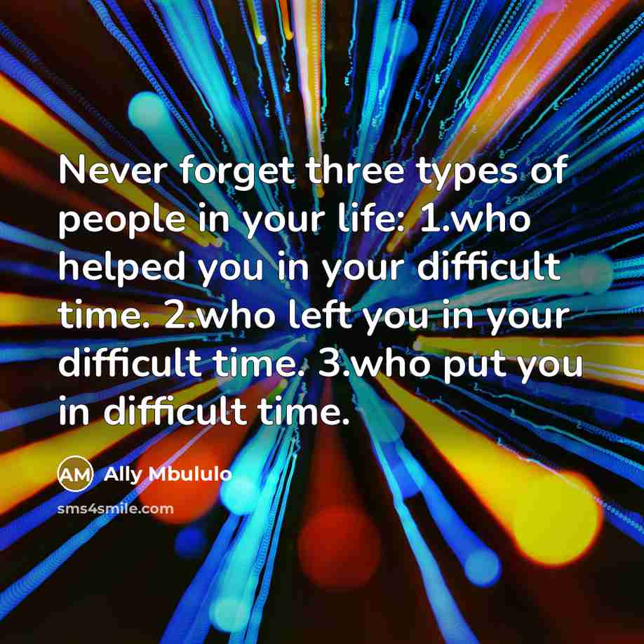 “Never forget three types of people in your life: 1.who helped you in your difficult time. 2.who left you in your difficult time. 3.who put you in difficult time.” quote by Ally Mbululo