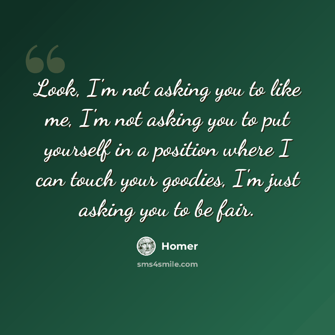 “Look, I'm not asking you to like me, I'm not asking you to put yourself in a position where I can touch your goodies, I'm just asking you to be fair.” quote by Homer