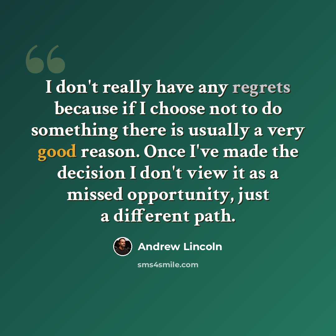 “I don't really have any regrets because if I choose not to do something there is usually a very good reason. Once I've made the decision I don't view it as a missed opportunity, just a different path.” quote by Andrew Lincoln