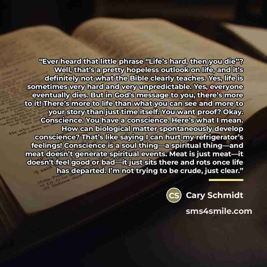 “Ever heard that little phrase “Life’s hard, then you die”? Well, that’s a pretty hopeless outlook on life, and it’s definitely not what the Bible clearly teaches. Yes, life is sometimes very hard and very unpredictable. Yes, everyone eventually dies. But in God’s message to you, there’s more to…” quote by Cary Schmidt