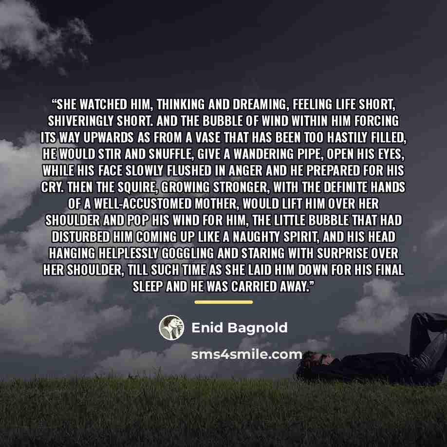 “She watched him, thinking and dreaming, feeling life short, shiveringly short. And the bubble of wind within him forcing its way upwards as from a vase that has been too hastily filled, he would stir and snuffle, give a wandering pipe, open his eyes, while his face slowly flushed in anger and he…” quote by Enid Bagnold