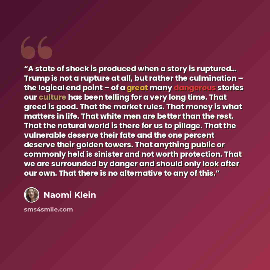“A state of shock is produced when a story is ruptured… Trump is not a rupture at all, but rather the culmination – the logical end point – of a great many dangerous stories our culture has been telling for a very long time. That greed is good. That the market rules. That money is what matters in…” quote by Naomi Klein