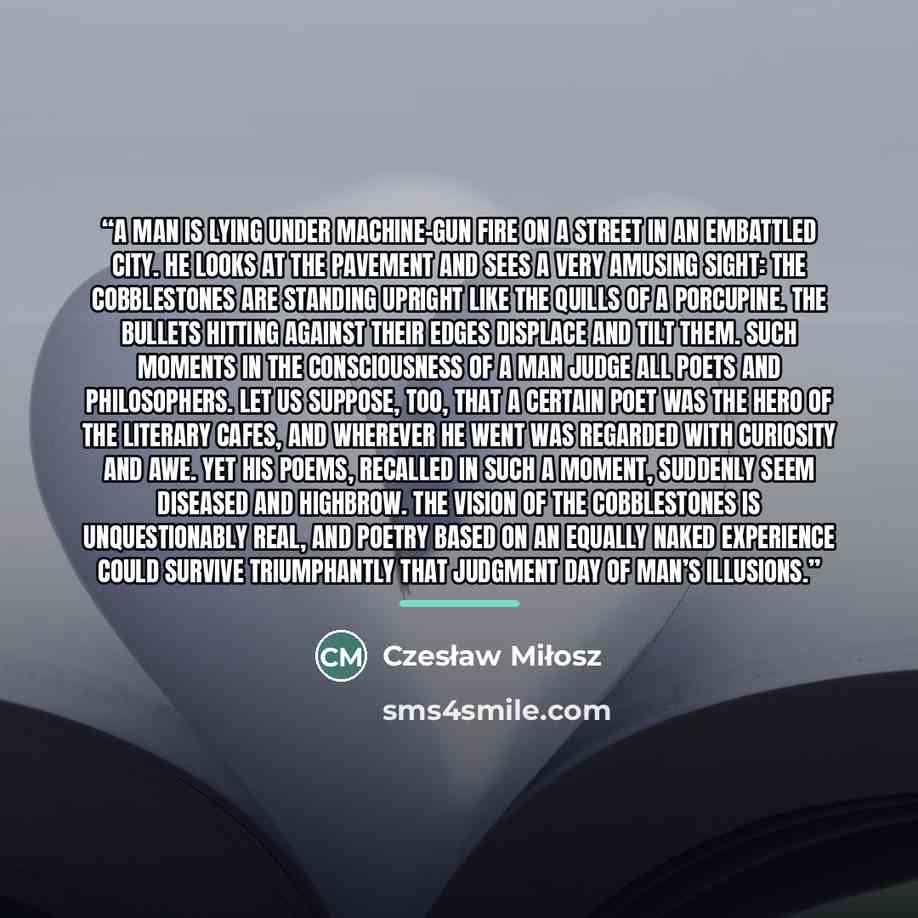 “A man is lying under machine-gun fire on a street in an embattled city. He looks at the pavement and sees a very amusing sight: the cobblestones are standing upright like the quills of a porcupine. The bullets hitting against their edges displace and tilt them. Such moments in the consciousness of…” quote by Czesław Miłosz