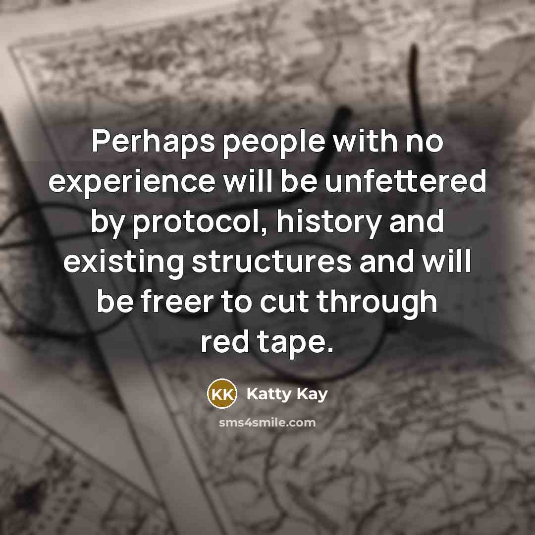 “Perhaps people with no experience will be unfettered by protocol, history and existing structures and will be freer to cut through red tape.” quote by Katty Kay