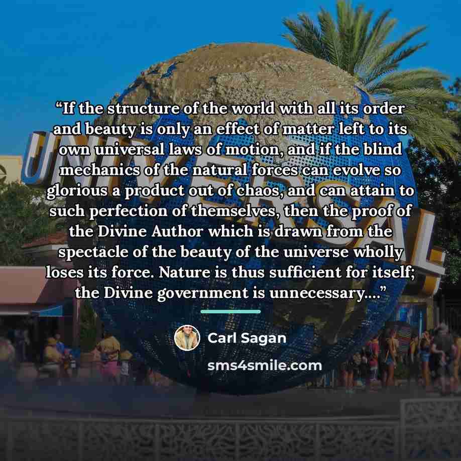 “If the structure of the world with all its order and beauty is only an effect of matter left to its own universal laws of motion, and if the blind mechanics of the natural forces can evolve so glorious a product out of chaos, and can attain to such perfection of themselves, then the proof of the…” quote by Carl Sagan