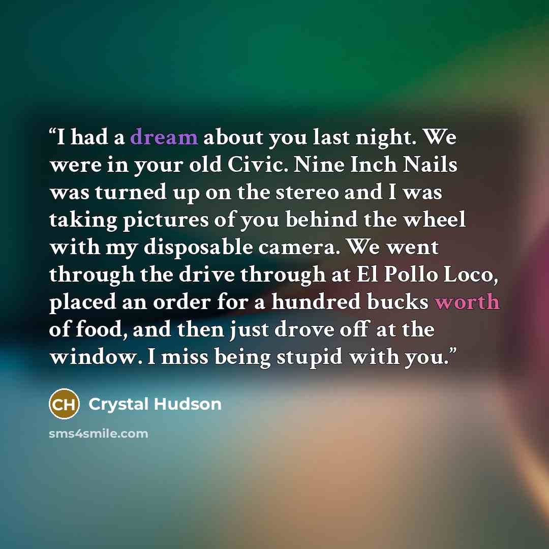 “I had a dream about you last night. We were in your old Civic. Nine Inch Nails was turned up on the stereo and I was taking pictures of you behind the wheel with my disposable camera. We went through the drive through at El Pollo Loco, placed an order for a hundred bucks worth of food, and then…” quote by Crystal Hudson