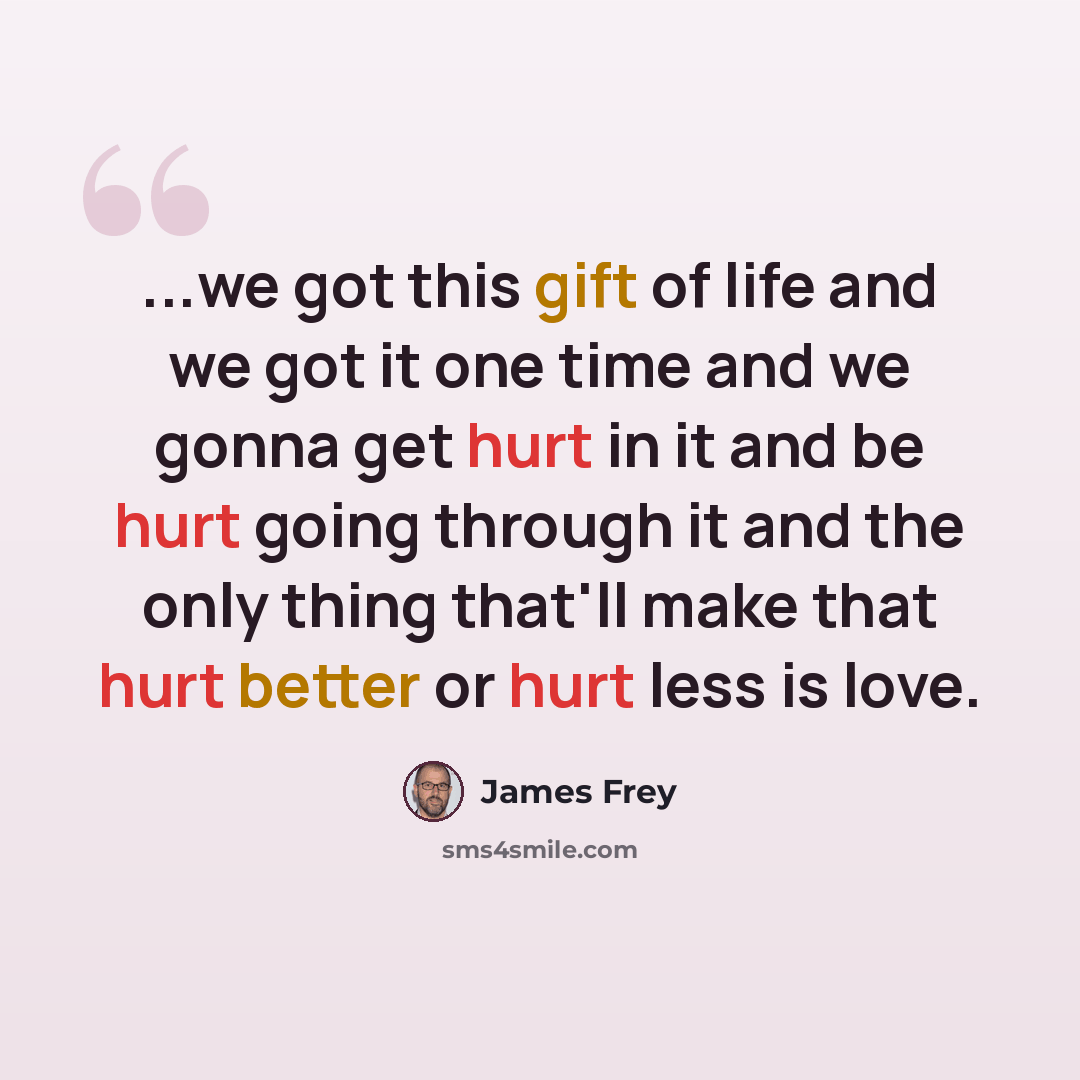 “...we got this gift of life and we got it one time and we gonna get hurt in it and be hurt going through it and the only thing that'll make that hurt better or hurt less is love.” quote by James Frey