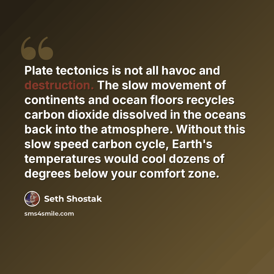 “Plate tectonics is not all havoc and destruction. The slow movement of continents and ocean floors recycles carbon dioxide dissolved in the oceans back into the atmosphere. Without this slow speed carbon cycle, Earth's temperatures would cool dozens of degrees below your comfort zone.” quote by Seth Shostak