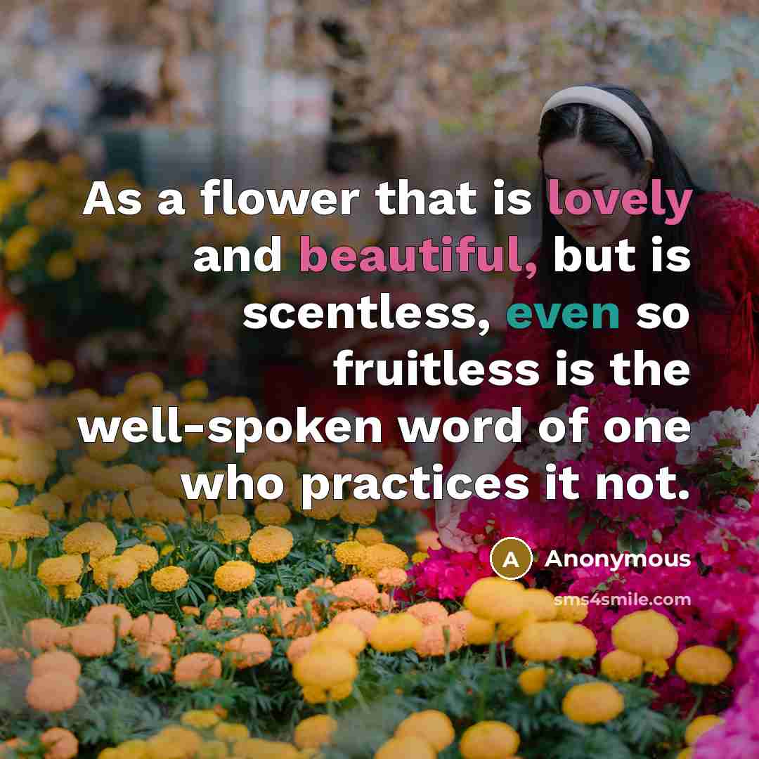 “As a flower that is lovely and beautiful, but is scentless, even so fruitless is the well-spoken word of one who practices it not.” quote by Anonymous