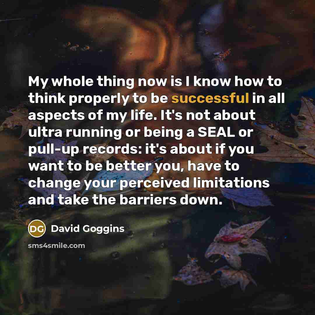 “My whole thing now is I know how to think properly to be successful in all aspects of my life. It's not about ultra running or being a SEAL or pull-up records: it's about if you want to be better you, have to change your perceived limitations and take the barriers down.” quote by David Goggins