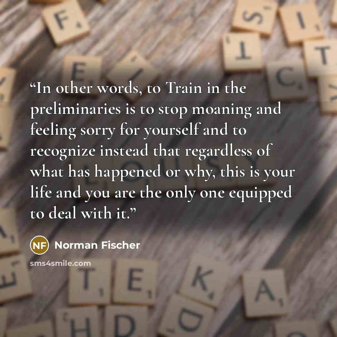 “In other words, to Train in the preliminaries is to stop moaning and feeling sorry for yourself and to recognize instead that regardless of what has happened or why, this is your life and you are the only one equipped to deal with it.” quote by Norman Fischer