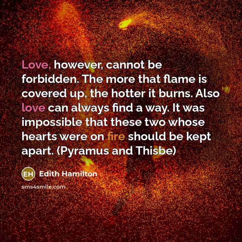 “Love, however, cannot be forbidden. The more that flame is covered up, the hotter it burns. Also love can always find a way. It was impossible that these two whose hearts were on fire should be kept apart. (Pyramus and Thisbe)” quote by Edith Hamilton