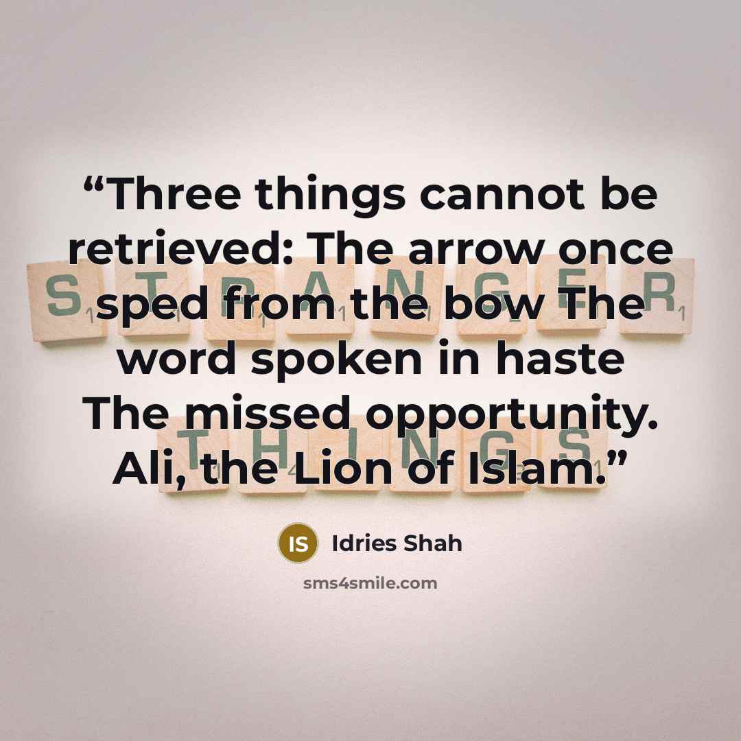 “Three things cannot be retrieved: The arrow once sped from the bow The word spoken in haste The missed opportunity. Ali, the Lion of Islam.” quote by Idries Shah
