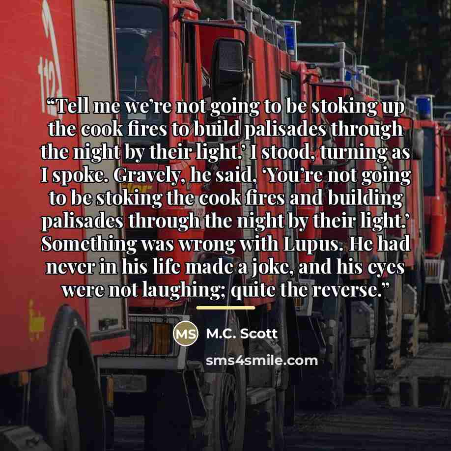 “Tell me we’re not going to be stoking up the cook fires to build palisades through the night by their light.’ I stood, turning as I spoke. Gravely, he said, ‘You’re not going to be stoking the cook fires and building palisades through the night by their light.’ Something was wrong with Lupus. He…” quote by M.C. Scott