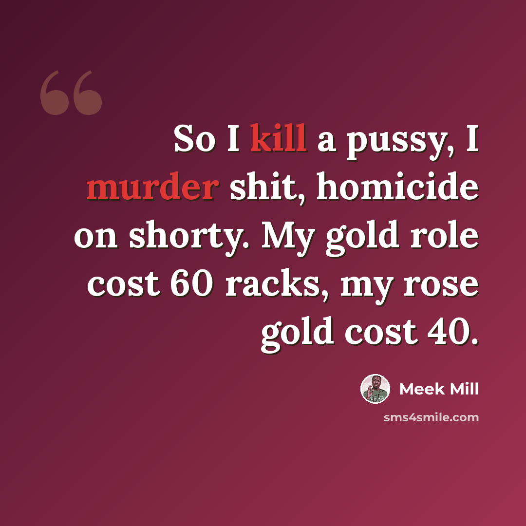 “So I kill a pussy, I murder shit, homicide on shorty. My gold role cost 60 racks, my rose gold cost 40.” quote by Meek Mill