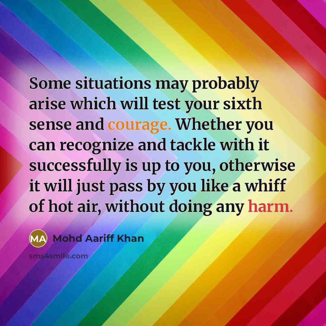 “Some situations may probably arise which will test your sixth sense and courage. Whether you can recognize and tackle with it successfully is up to you, otherwise it will just pass by you like a whiff of hot air, without doing any harm.” quote by Mohd Aariff Khan