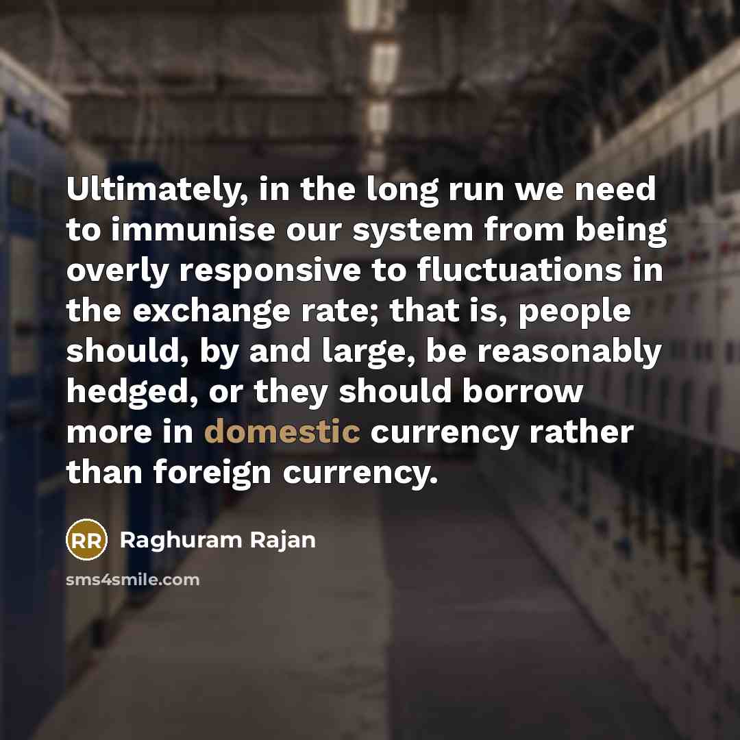 “Ultimately, in the long run we need to immunise our system from being overly responsive to fluctuations in the exchange rate; that is, people should, by and large, be reasonably hedged, or they should borrow more in domestic currency rather than foreign currency.” quote by Raghuram Rajan
