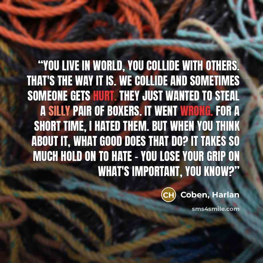 “You live in world, you collide with others. That's the way it is. We collide and sometimes someone gets hurt. They just wanted to steal a silly pair of boxers. It went wrong. For a short time, I hated them. But when you think about it, what good does that do? It takes so much hold on to hate - you…” quote by Coben, Harlan