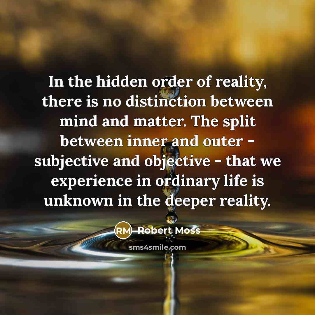 “In the hidden order of reality, there is no distinction between mind and matter. The split between inner and outer - subjective and objective - that we experience in ordinary life is unknown in the deeper reality.” quote by Robert Moss
