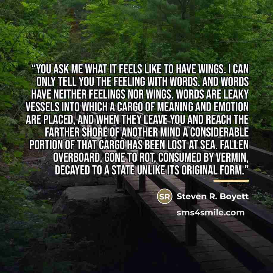 “You ask me what it feels like to have wings. I can only tell you the feeling with words. And words have neither feelings nor wings. Words are leaky vessels into which a cargo of meaning and emotion are placed, and when they leave you and reach the farther shore of another mind a considerable…” quote by Steven R. Boyett