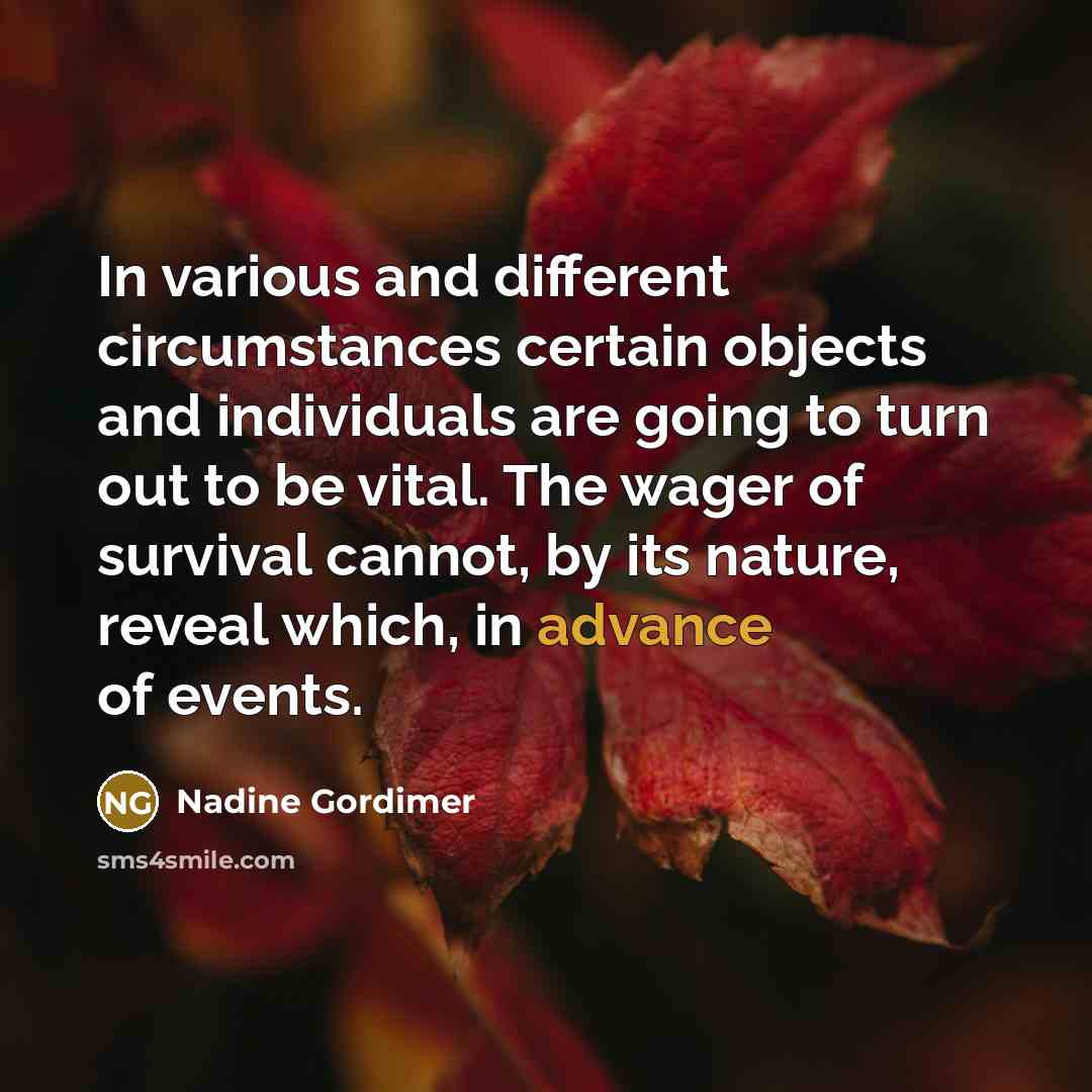 “In various and different circumstances certain objects and individuals are going to turn out to be vital. The wager of survival cannot, by its nature, reveal which, in advance of events.” quote by Nadine Gordimer