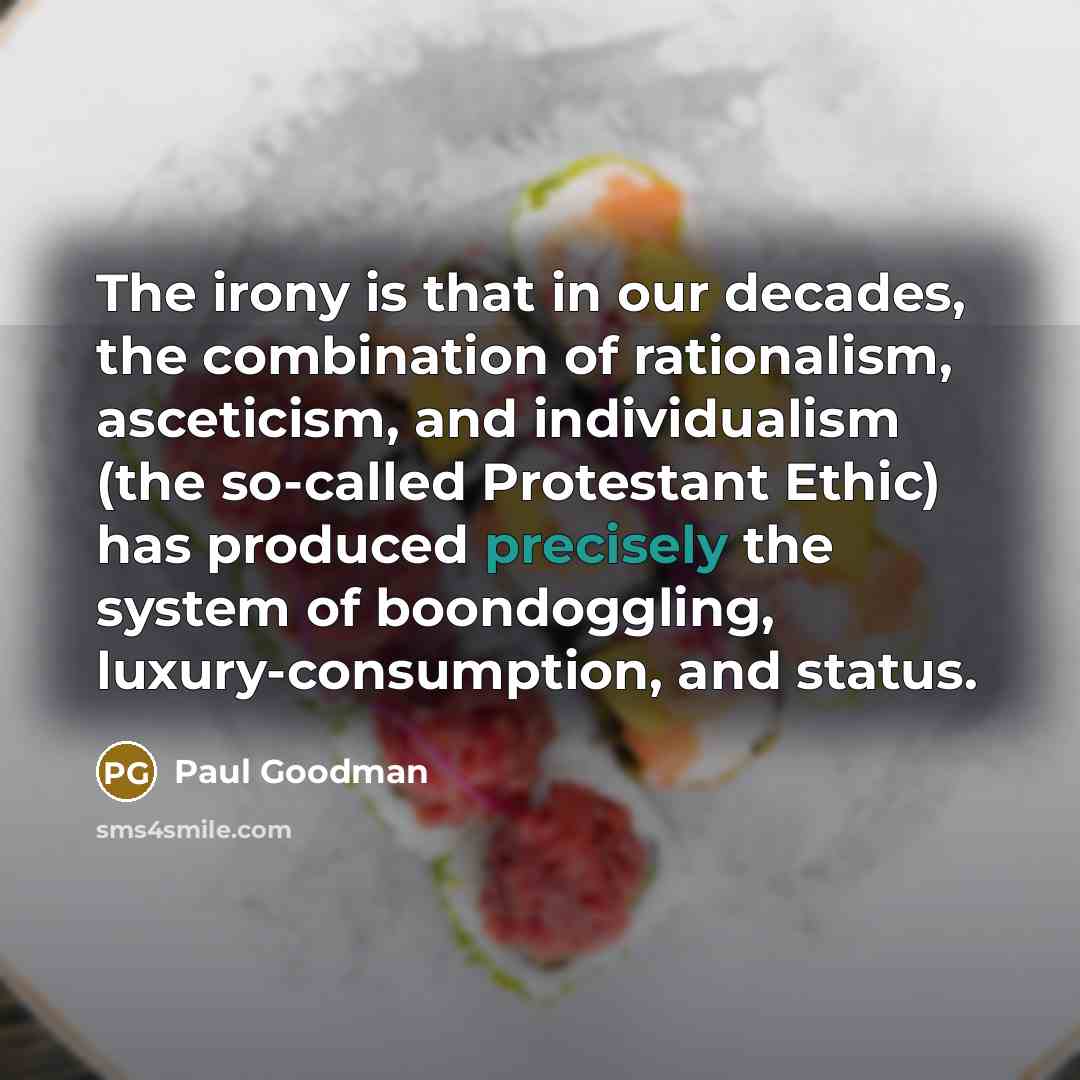 “The irony is that in our decades, the combination of rationalism, asceticism, and individualism (the so-called Protestant Ethic) has produced precisely the system of boondoggling, luxury-consumption, and status.” quote by Paul Goodman