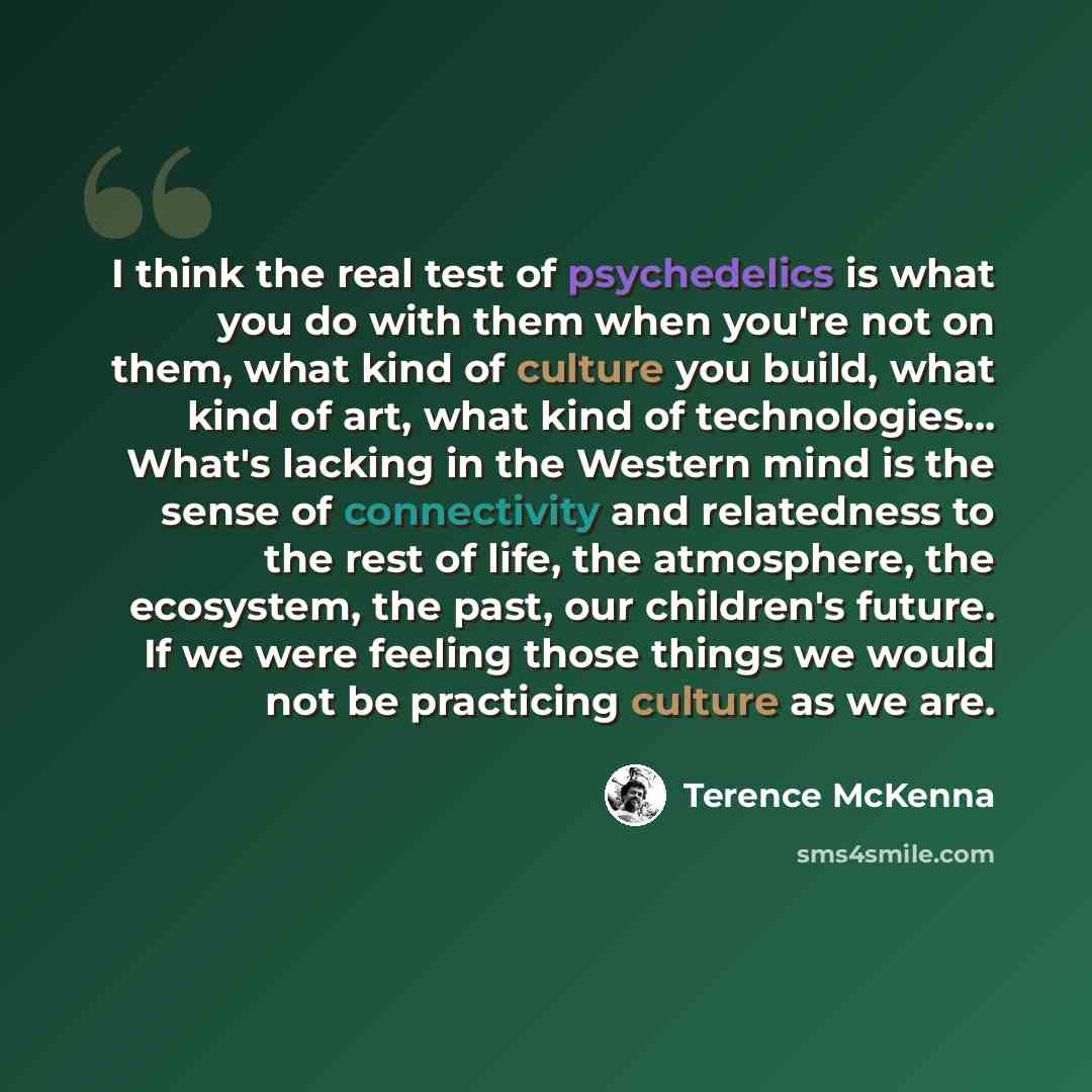 “I think the real test of psychedelics is what you do with them when you're not on them, what kind of culture you build, what kind of art, what kind of technologies... What's lacking in the Western mind is the sense of connectivity and relatedness to the rest of life, the atmosphere, the ecosystem…” quote by Terence McKenna