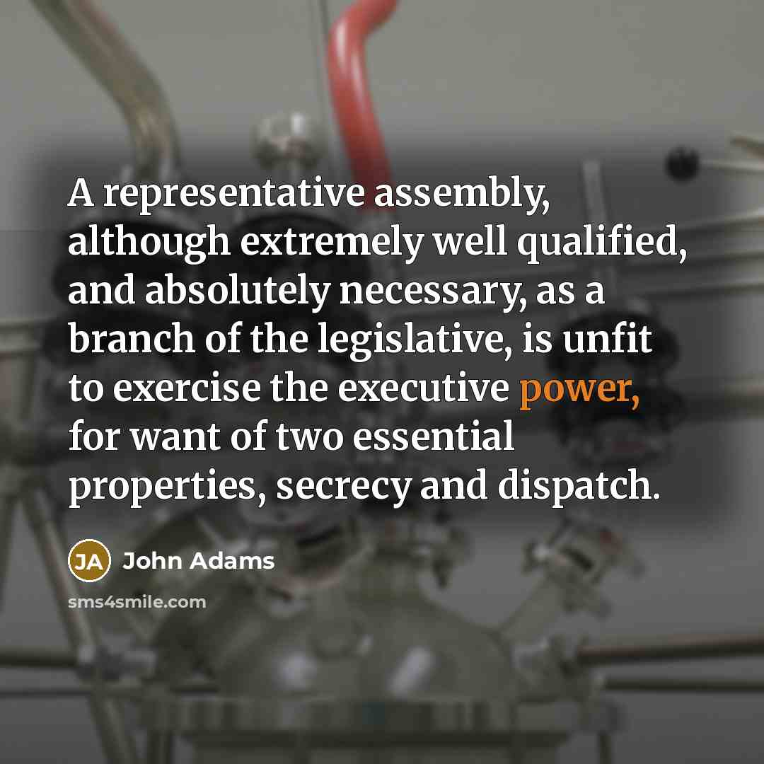 “A representative assembly, although extremely well qualified, and absolutely necessary, as a branch of the legislative, is unfit to exercise the executive power, for want of two essential properties, secrecy and dispatch.” quote by John Adams
