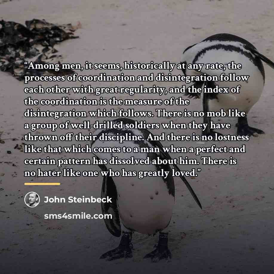 “Among men, it seems, historically at any rate, the processes of coordination and disintegration follow each other with great regularity, and the index of the coordination is the measure of the disintegration which follows. There is no mob like a group of well-drilled soldiers when they have thrown…” quote by John Steinbeck