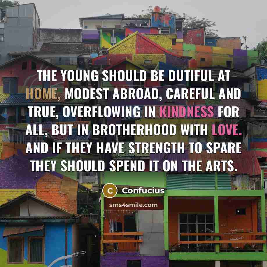 “The young should be dutiful at home, modest abroad, careful and true, overflowing in kindness for all, but in brotherhood with love. And if they have strength to spare they should spend it on the arts.” quote by Confucius